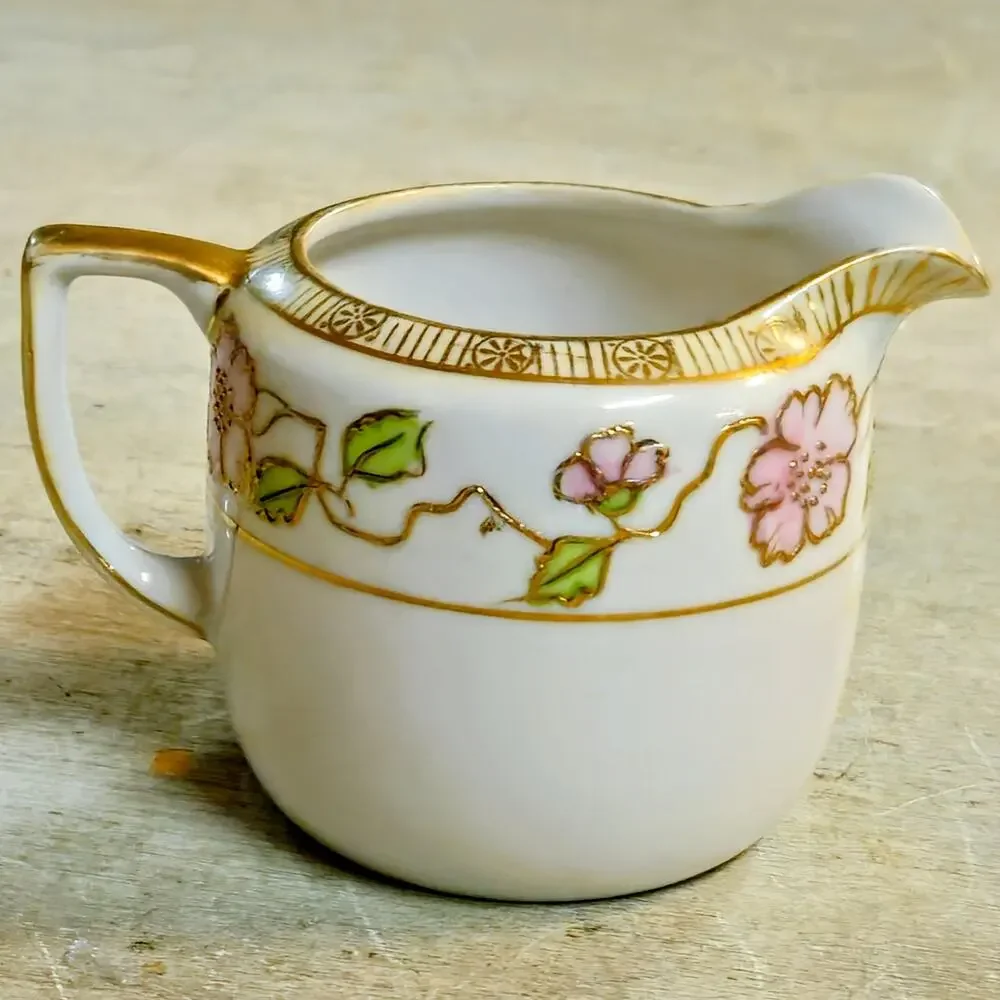 Antique Japanese Nippon Porcelain Cherry Blossom Creamer & Covered Sugar Bowl